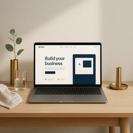 Laptop on a wooden desk displaying a website with 'Build your business' text.
