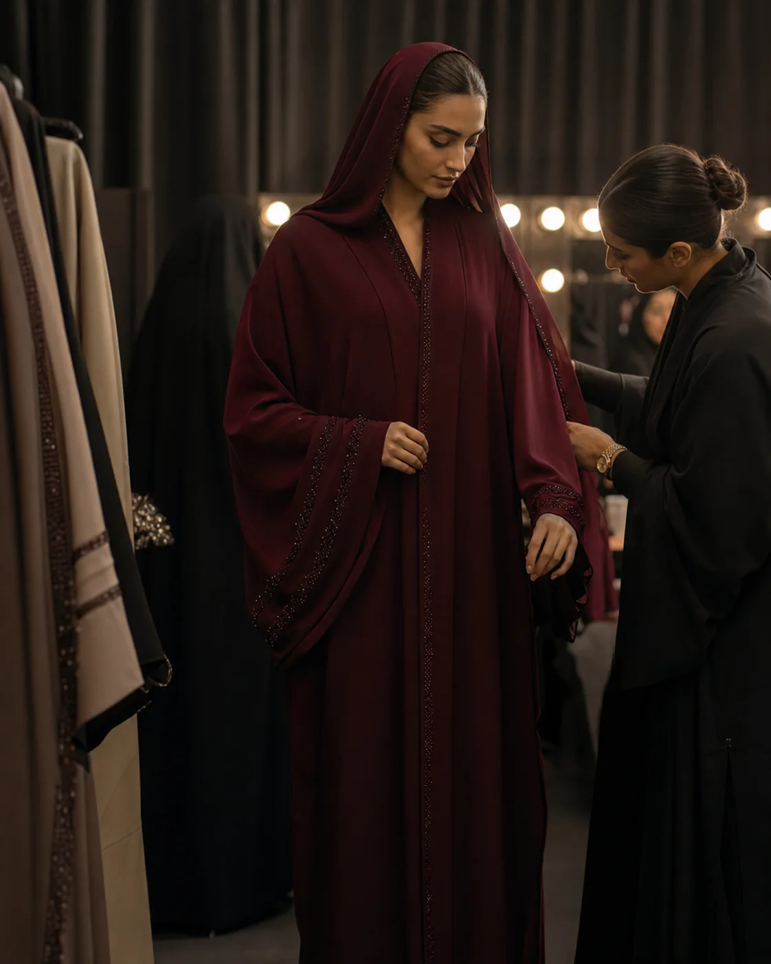 AI-generated backstage abaya runway preparation concept with a stylist adjusting a burgundy abaya in Dubai