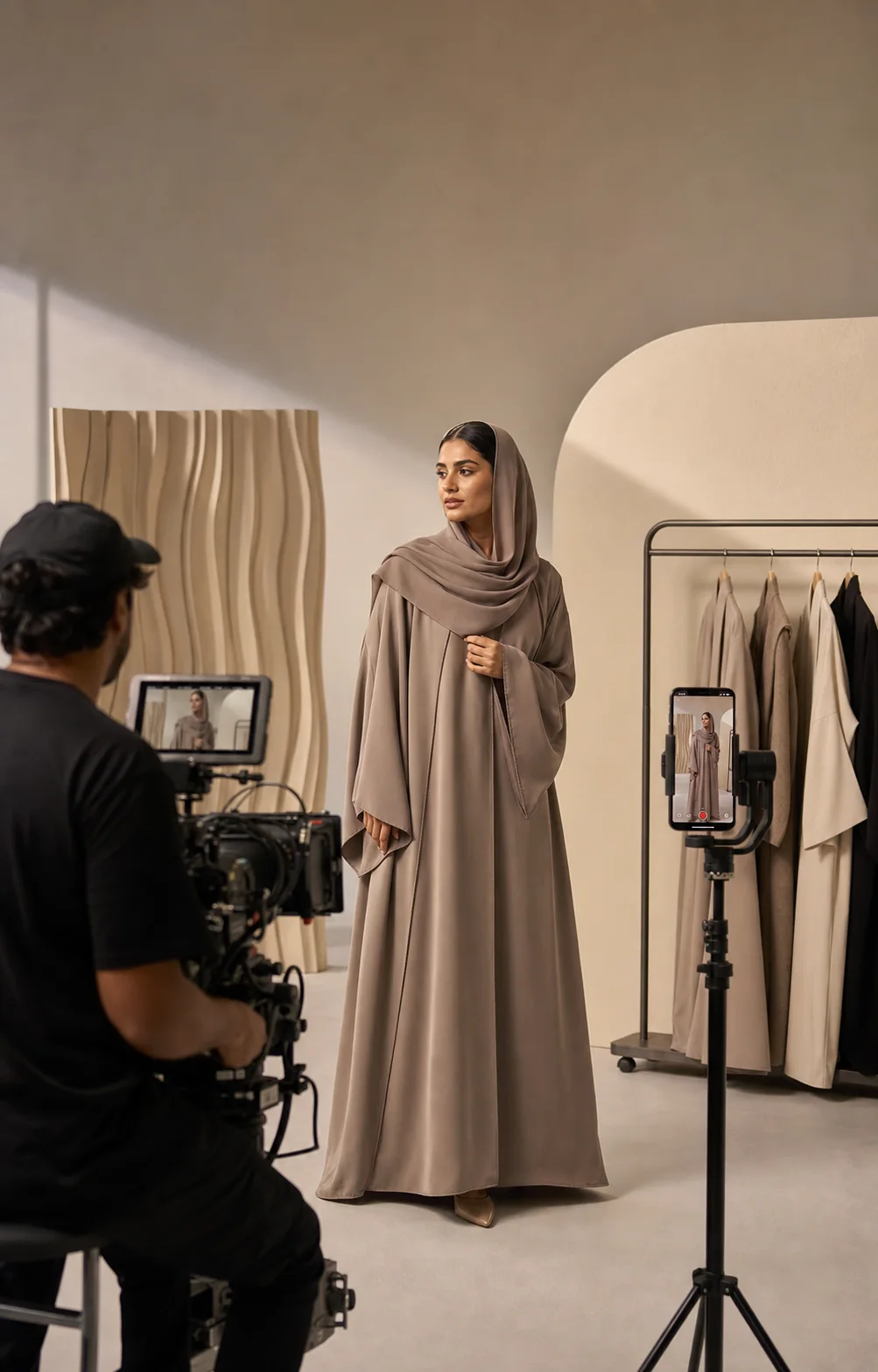 AI-generated abaya social content production concept with cinema camera and vertical smartphone filming in Dubai