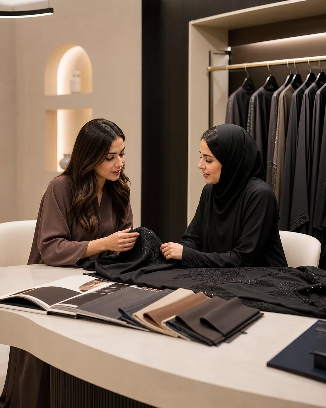 AI-generated wholesale buyer appointment concept with two women reviewing black abaya fabric in a Dubai showroom