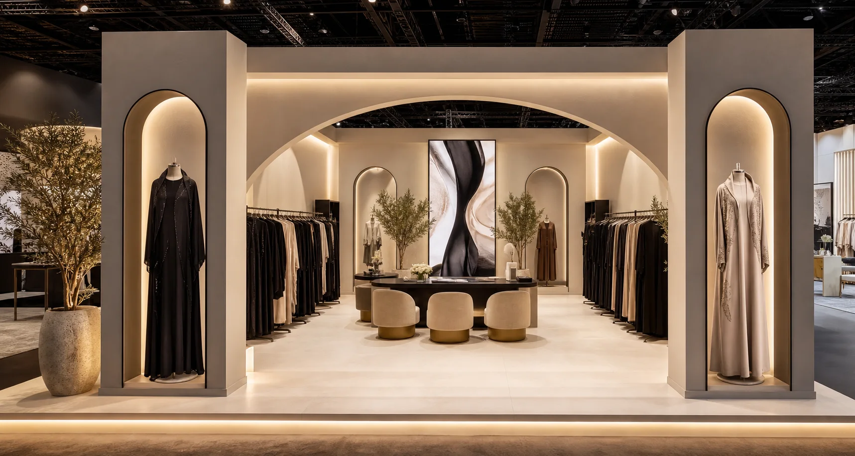 AI-generated luxury abaya exhibition stand concept with garment rails and a private buyer table in Dubai