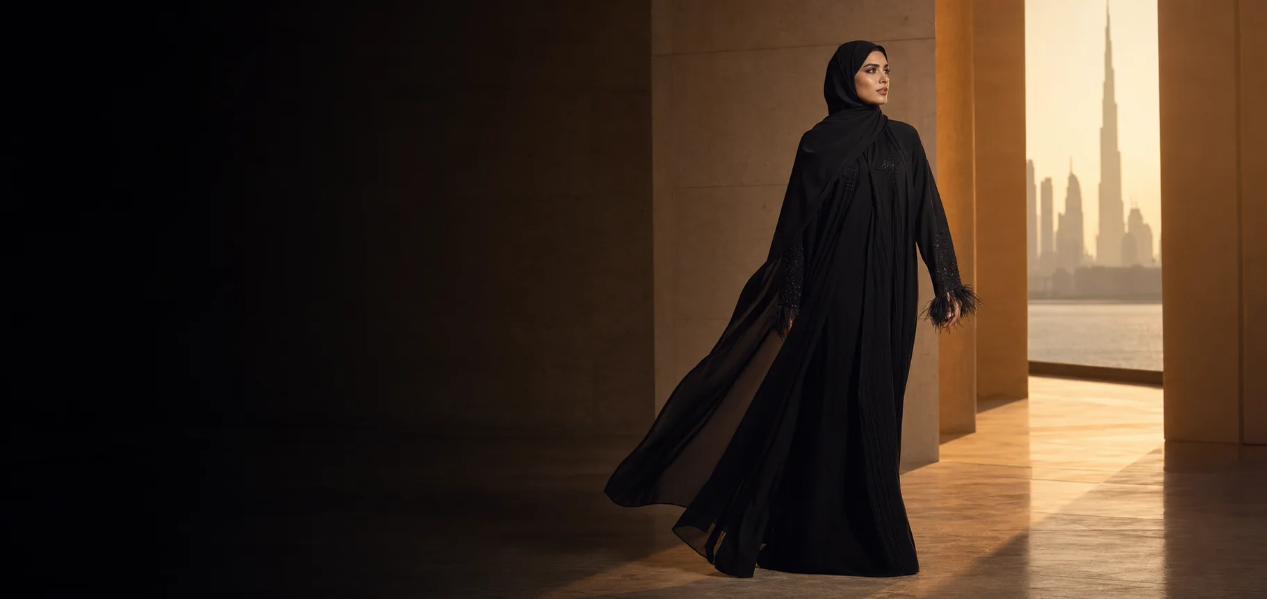 AI-generated luxury black abaya marketing concept in an architectural Dubai setting