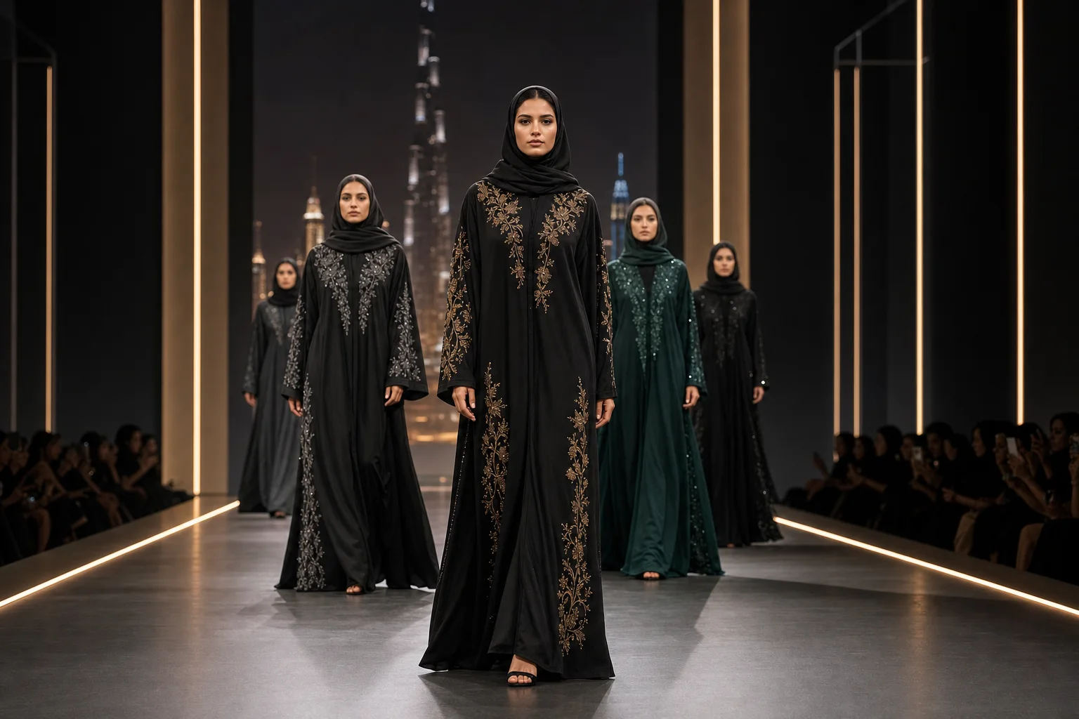AI-generated Dubai abaya runway show concept with five modest-fashion looks in black and emerald