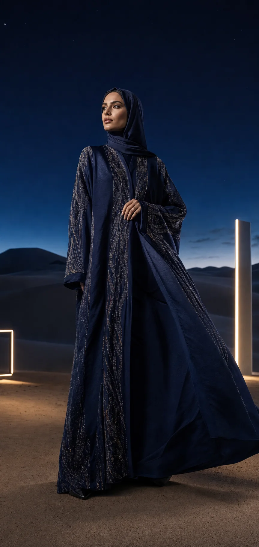 AI-generated midnight-blue embroidered abaya campaign concept in the UAE desert at blue hour