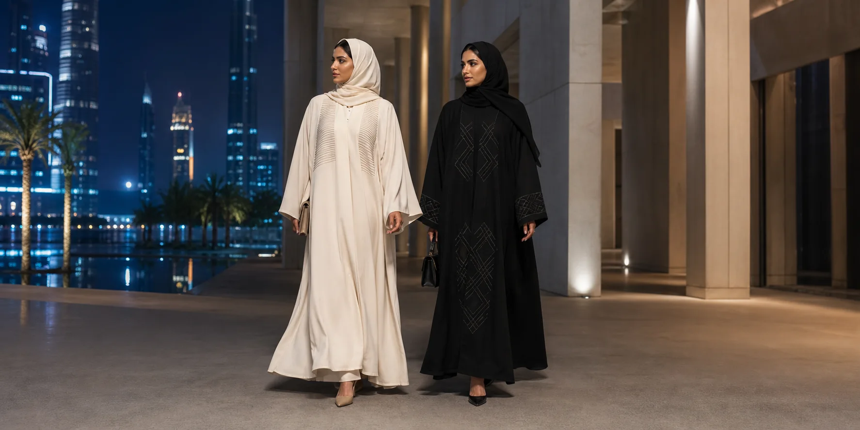 AI-generated Dubai night campaign concept with two women wearing ivory and black contemporary abayas