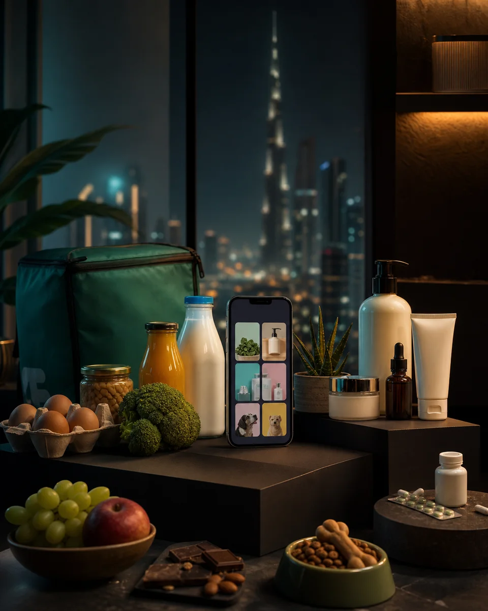 AI-generated UAE InstaShop quick-commerce catalogue scene with grocery, beauty and pharmacy products
