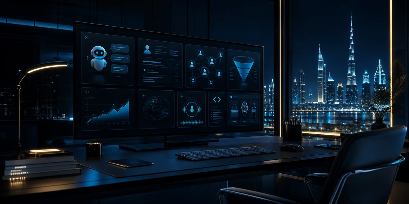Dark Dubai AI website dashboard showing chatbot, lead qualification, personalization, analytics, and GEO modules for UAE businesses in 2026.