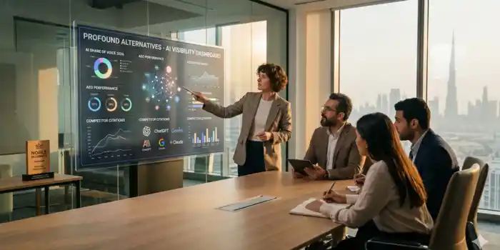 Vista by Lara team in a Dubai office reviewing an AI visibility dashboard for Profound AEO alternatives, AI citations, share of voice, and generative search performance.