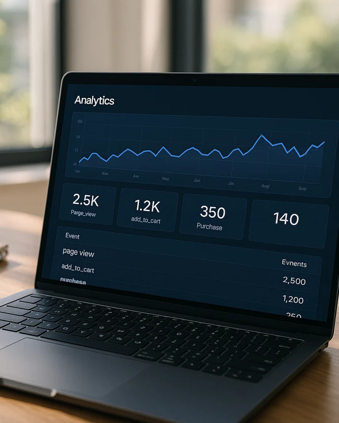 ALT (EN): GA4 ecommerce events dashboard on a laptop — Vista by Lara ALT (AR): لوحة أحداث التجارة الإلكترونية في GA4 على حاسوب محمول — Vista by Lara