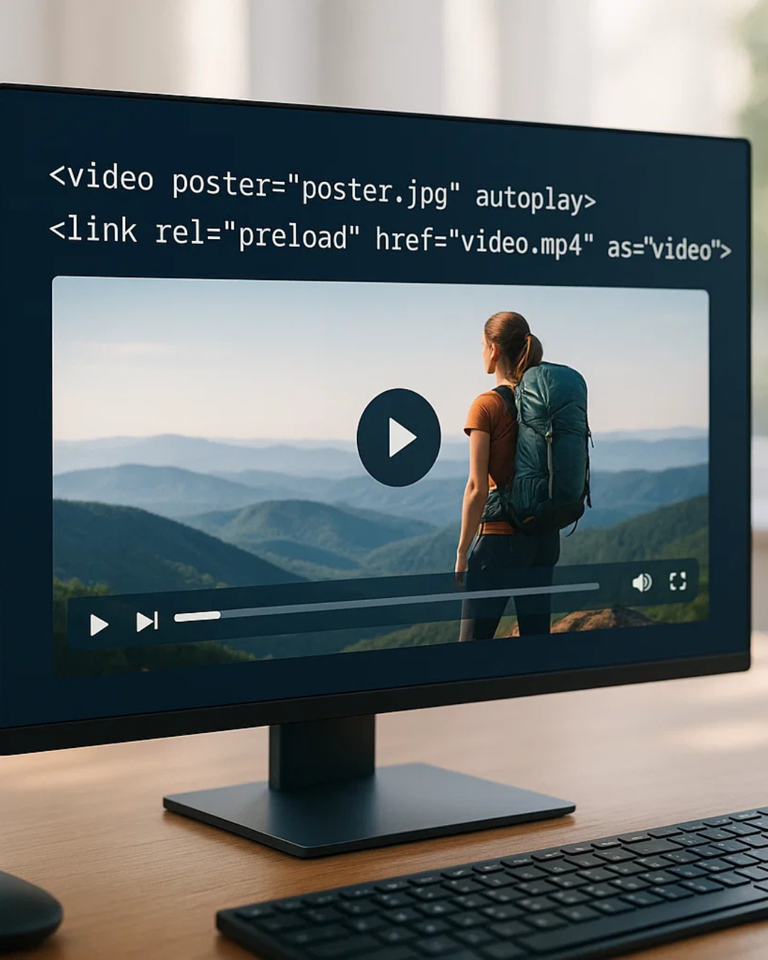 ALT (EN): Hero video setup with poster and preload snippet on screen — Vista by Lara ALT (AR): إعداد فيديو الهيرو مع صورة بوستر وكود preload على الشاشة — Vista by Lara