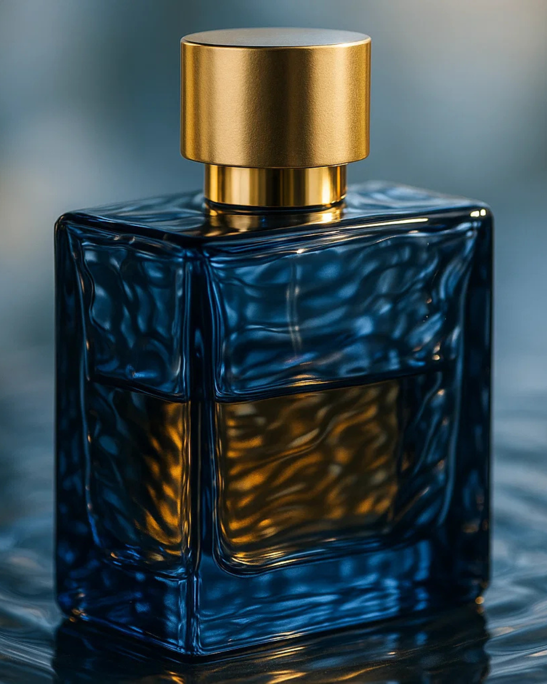 ALT (EN): Macro 45° perfume bottle with clean reflections on ripple glass — Vista by Lara ALT (AR): لقطة ماكرو ٤٥° لزجاجة عطر بانعكاسات نظيفة على زجاج مموّج — Vista by Lara
