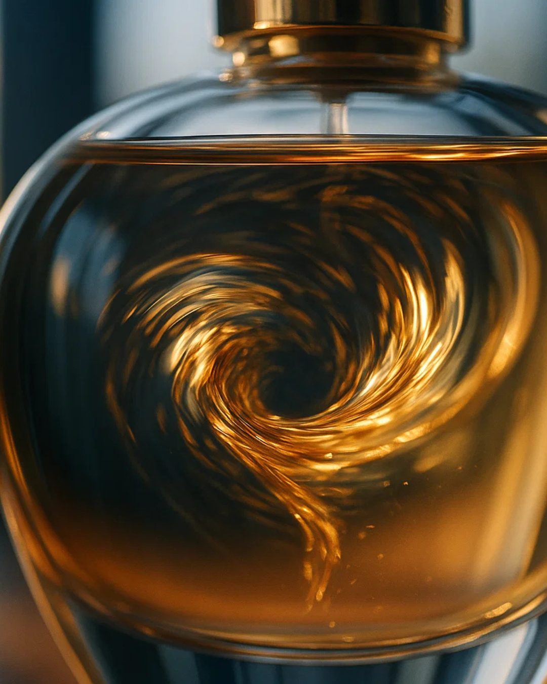 ALT (EN): Textless macro perfume liquid swirl in elegant daylight — Vista by Lara ALT (AR): دوّامة سائل عطر ماكرو بإضاءة نهارية بدون نص — Vista by Lara