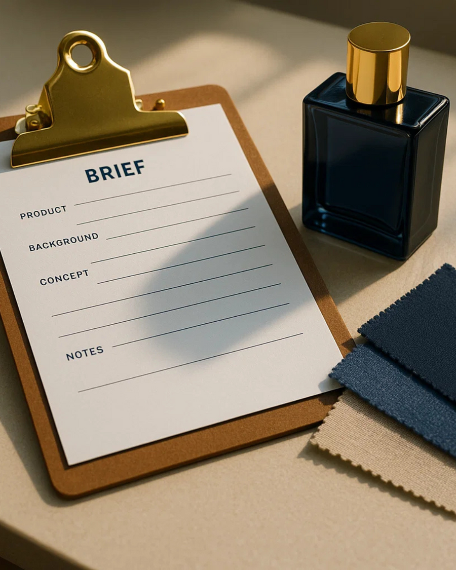 ALT (EN): Perfume UGC brief with bottle and fabric swatches on a desk — Vista by Lara ALT (AR): موجز محتوى عطر مع زجاجة وعينات قماش على مكتب — Vista by Lara