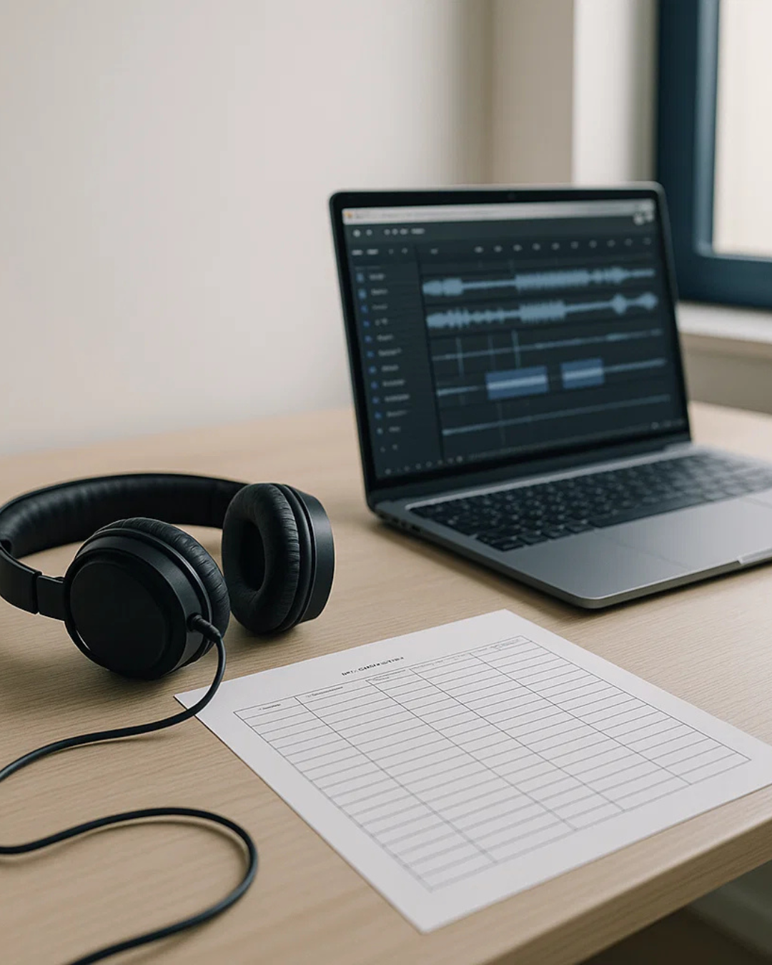 Music selection desk with headphones, timeline, and cue sheet — Vista by Lara