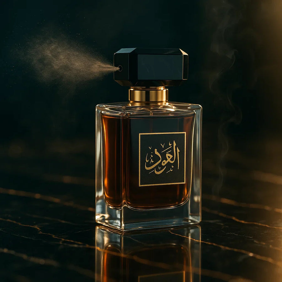 Luxury perfume bottle with golden mist and marble reflections — UAE,زجاجة عطر فاخرة مع رذاذ ذهبي وانعكاسات على الرخام — الإمارات