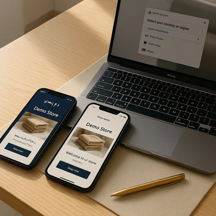 Shopify Markets with Arabic and English versions side-by-side on devices in Dubai daylight (navy and gold accents).