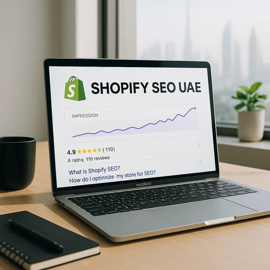 clean workspace with laptop showing Search Console impressions