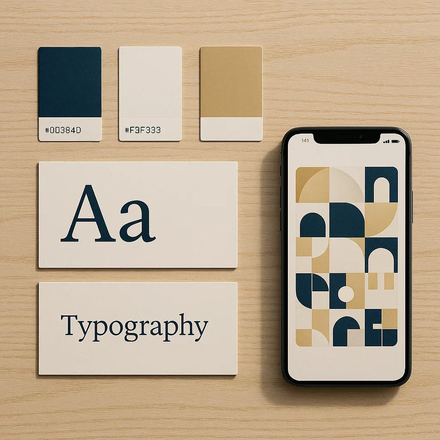 Flat-lay brand kit with color swatches, font specimens, and navy-gold UI cards in bright daylight