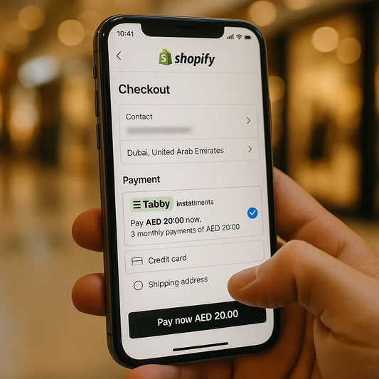 Shopify checkout in Dubai showing Tabby UAE installment option and trust badges