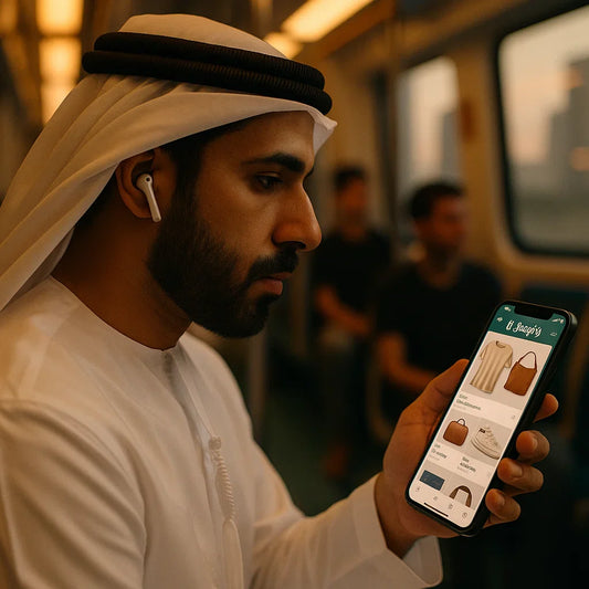 متسوق في الإمارات يستمع لإعلان سبوتيفاي ويزور متجر شوبيفاي عبر الهاتف,UAE shopper listening to a Spotify ad and visiting a Shopify store on mobile