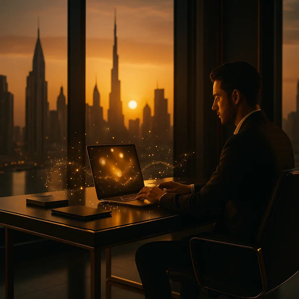 Cinematic video inside a modern Dubai office, with a marketer working on a laptop and golden AI particle effects representing automated Google Ads AGA and RSA 2.0 technology.