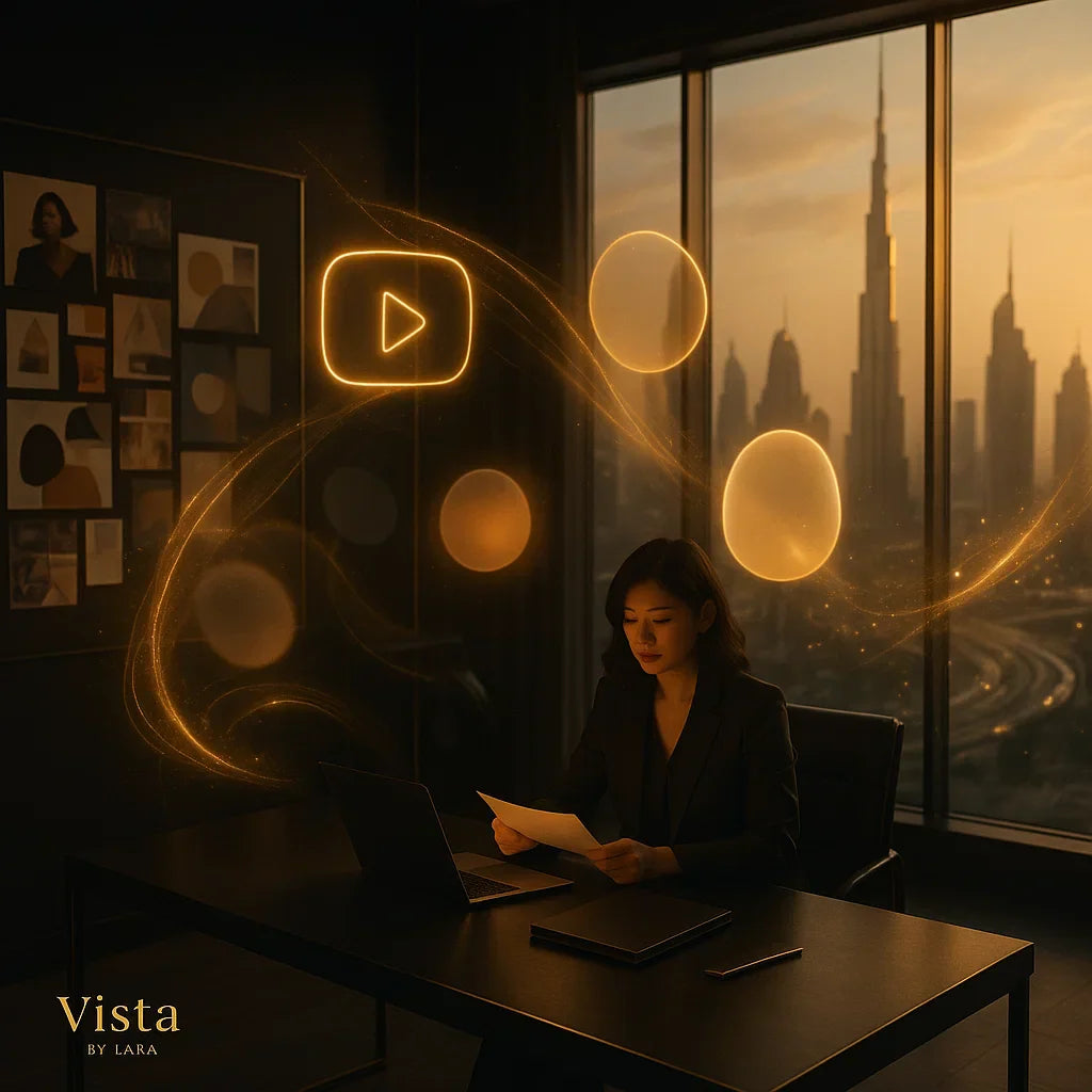Cinematic Dubai creative studio with golden particle effects symbolizing Demand Gen campaigns and AI creative strategy, featuring a subtle gold “Vista by Lara” watermark in the corner.
