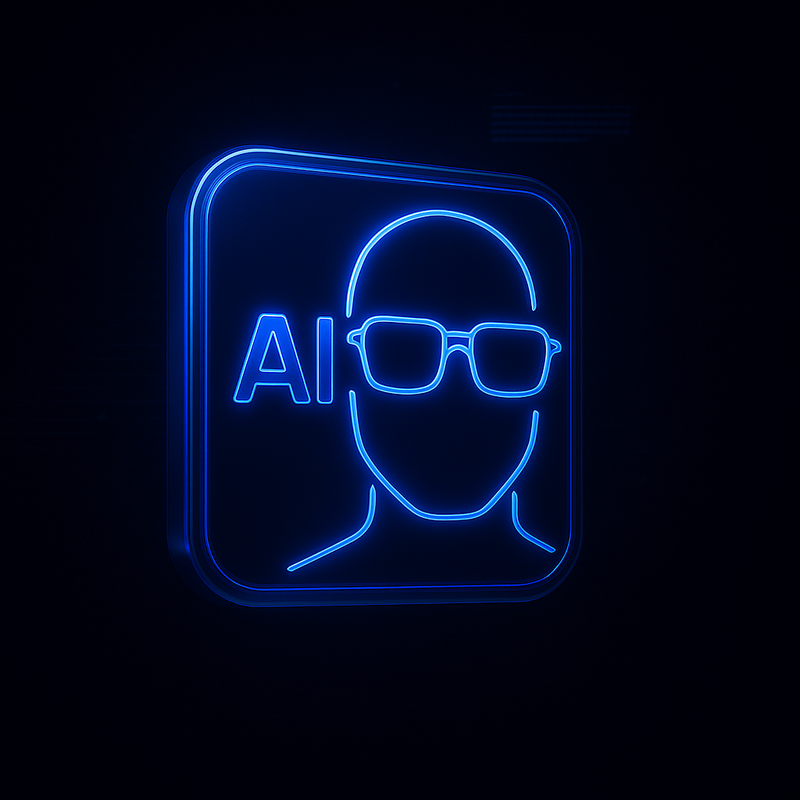 Vista AI Glasses Try-On Tool — Neon-blue virtual eyewear try-on face icon | أداة تجربة النظارات بالذكاء الاصطناعي من فيستا — أيقونة وجه بنظارات بتأثير نيون أزرق