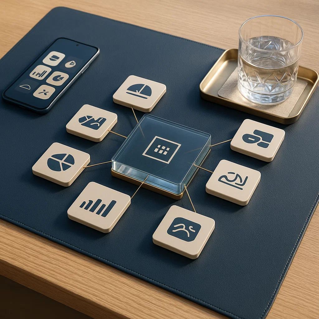 leather mat. Center: a glass “hub” tile on a light-oak plinth, surrounded by spoke tiles connected by slim brass lines (hub-and-spoke graph for content clusters). Each tile shows abstract charts/cards. Foreground right: brushed-brass tray with crystal tumbler on linen coaster + small opal votive (luxury trio). Phone on left with matching abstract tiles. Real PBR: micro-bevels, contact AO, subtle fingerprints on glass, aluminum micro-scratches, accurate IOR/reflections. Camera 28–35 mm @ ~1.4 m, slight top-