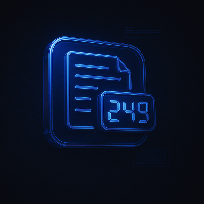 Vista AI Word Counter Tool — Futuristic digital document icon with 249 counter in blue neon interface | أداة عدّ الكلمات من فيستا — أيقونة مستند رقمية بتصميم نيون أزرق مع عدّاد 249