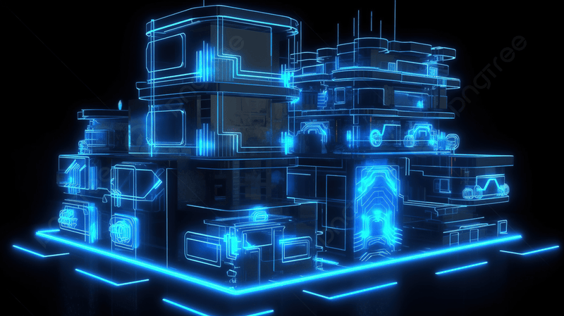 Vista AI Room Visualiser — Futuristic 3D neon-blue building hologram for interior and floor plan visualization | عارض الغرف من فيستا — نموذج مبنى ثلاثي الأبعاد بتأثير نيون أزرق للتصميم الداخلي ومخططات المساحات